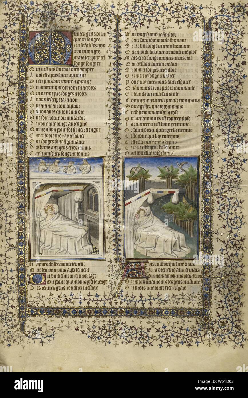 Scipio im Bett Träumen, Guillaume de Lorris Liegen im Bett Träumen, Unbekannt, Paris, Frankreich, um 1405, Tempera Farben, Blattgold, und Tusche auf Pergament zwischen Pappe mit dunkelroten Marokko, Blatt bedeckt gebunden: 36,7 x 26 cm (14 5/6 x 10 1/4 in Stockfoto