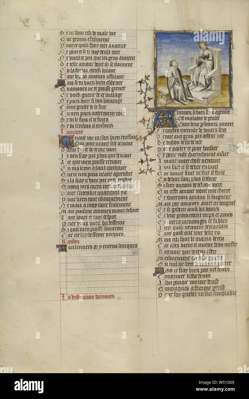 Die Personifizierung der Vernunft thront und Instruktion der Liebhaber auf Liebe, Unbekannte, Paris, Frankreich, um 1405, Tempera Farben, Blattgold, und Tusche auf Pergament zwischen Pappe mit dunkelroten Marokko, Blatt bedeckt gebunden: 36,7 x 26 cm (14 5/6 x 10 1/4 in Stockfoto