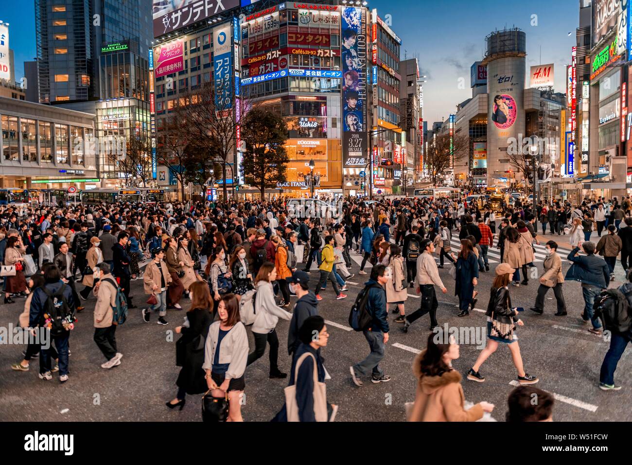 Shibuya Crossing, Menschenmassen an der Kreuzung, bunte Schilder und Leuchtreklamen an der Wolkenkratzer, Dämmerung Dämmerung, Bahnhof Shibuya Stockfoto