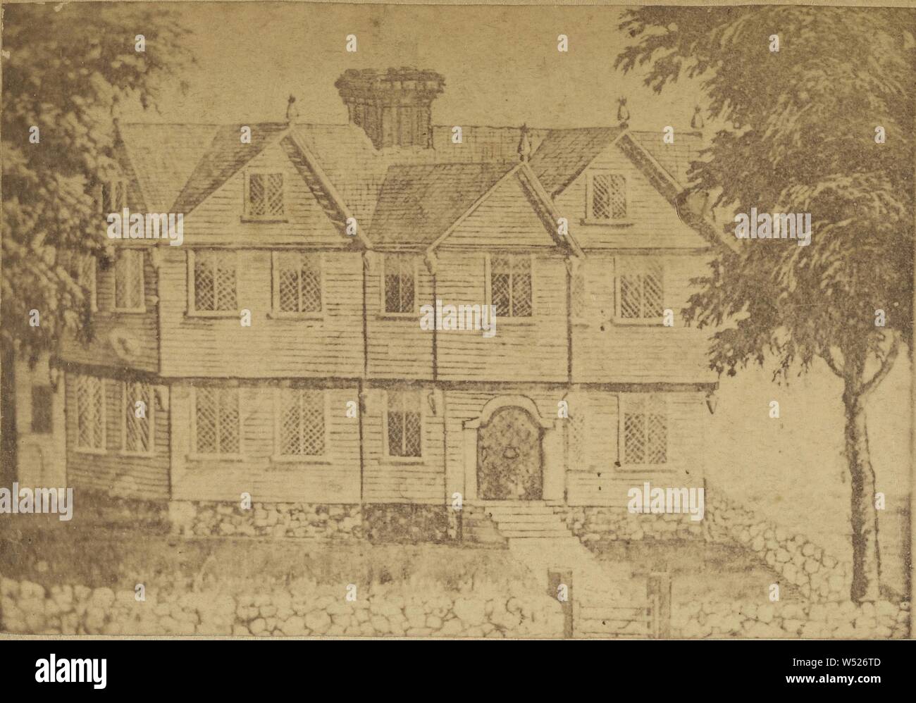 Alte Hexe Haus, Salem, Mass., Cor. Essex und Norden Straßen, von Roger Williams, 1631 gebaut ..., George S. Farrington (Amerikanisch, aktive 1860s), ca. 1860, Eiweiß silber Drucken Stockfoto