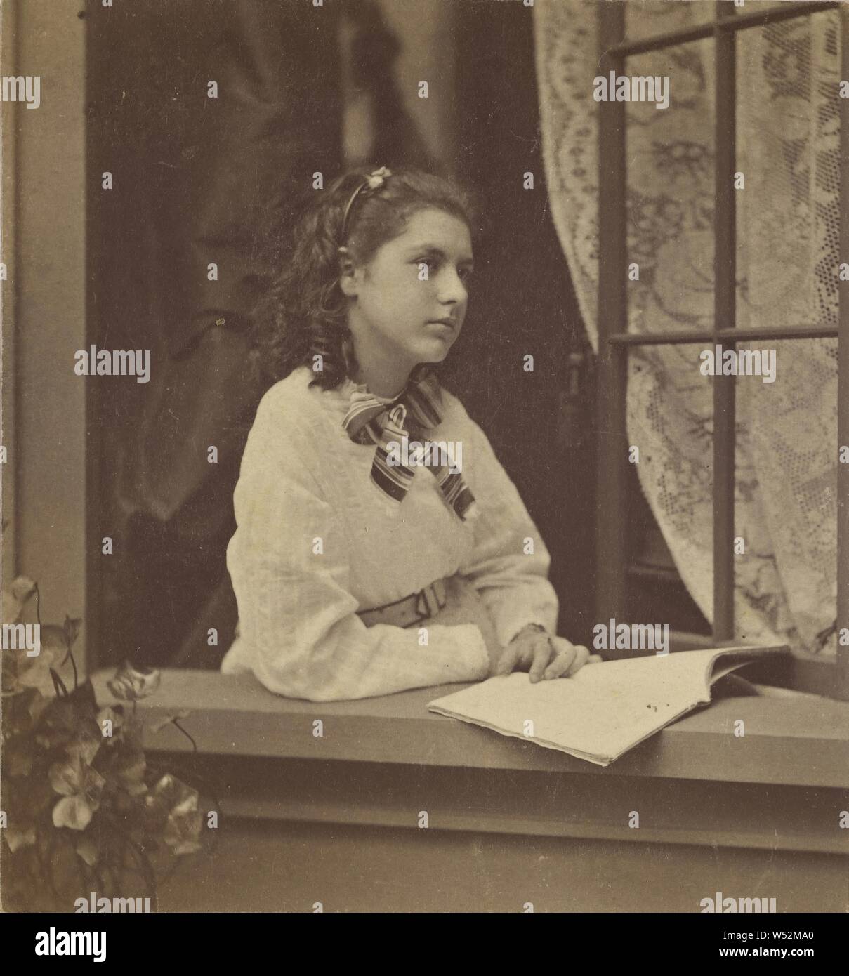 Junge Frau stellte auf einer Fensterbank, offenes Buch auf der Fensterbank, Dexter B. Vickery (Amerikanisch, aktive Haverhill, Massachusetts 1860s - 1900s), ca. 1865, Eiweiß silber Drucken Stockfoto