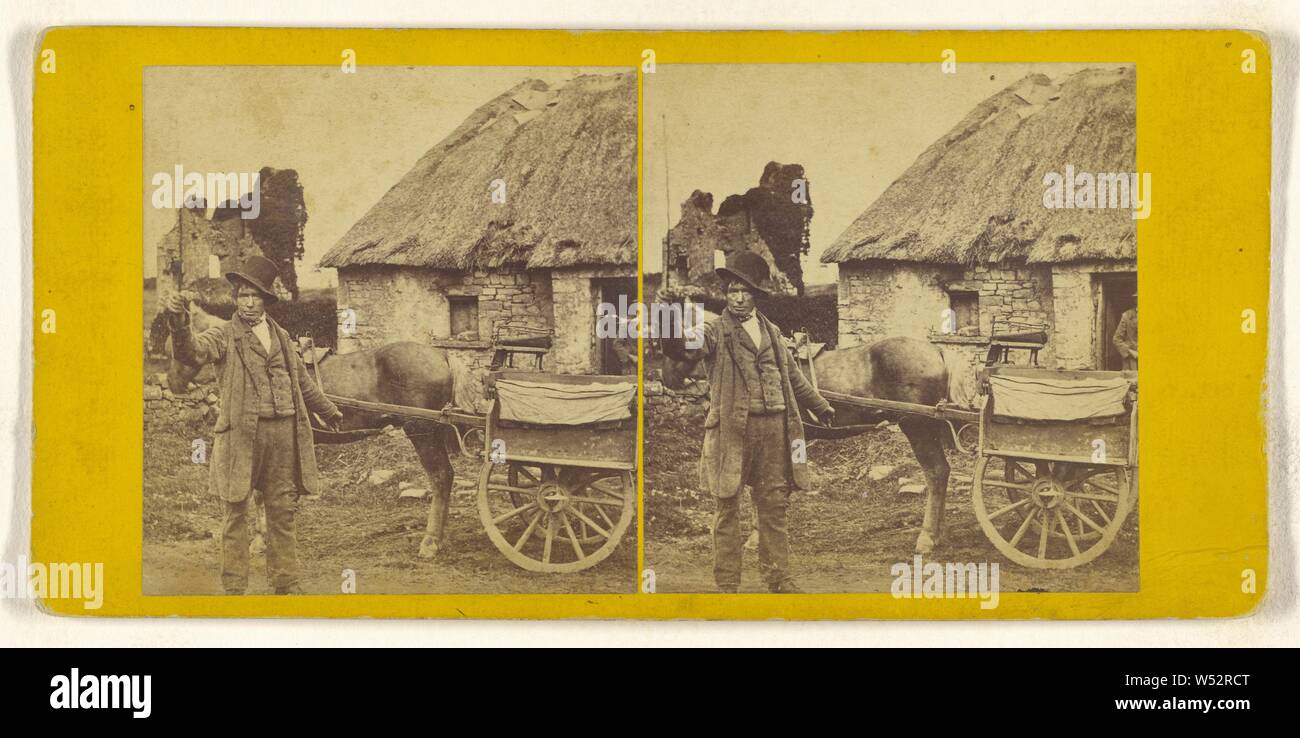 Unbekannter Mann mit Hut auf dem Kopf stehend in der Nähe von einem Pferd und Wagen cockeyed ist, halten eine dünne Peitsche in der Hand. Unbekannt Teekocher, Briten, über 1865, Eiweiß silber Drucken Stockfoto