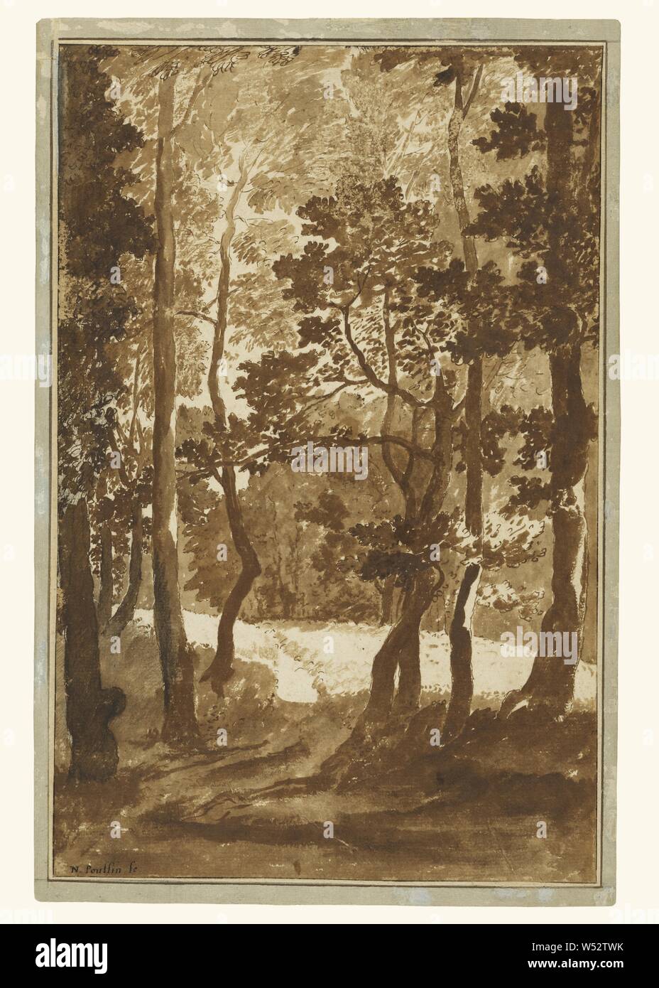 Ein Weg in eine Lichtung, Nicolas Poussin (Französisch, 1594 - 1665), Frankreich, ca. 1635 - 1640, Stift und Tinte Braun und Braun waschen, 38,6 × 24,6 cm (15 1/4 x 9 11/16 in Stockfoto