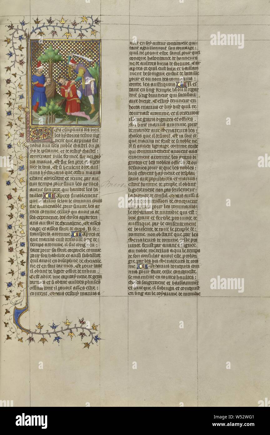 Der Leiter der Marcus gezeigt, Gaius Marius und Marius von einem Slave, Unbekannt, Paris, Frankreich, ca. 1413 - 1415, Tempera Farben getötet, Blattgold, Gold Farbe und Tusche auf Pergament, Blatt: 42 × 29,6 cm (16 9/16 x 11 5/8 in Stockfoto