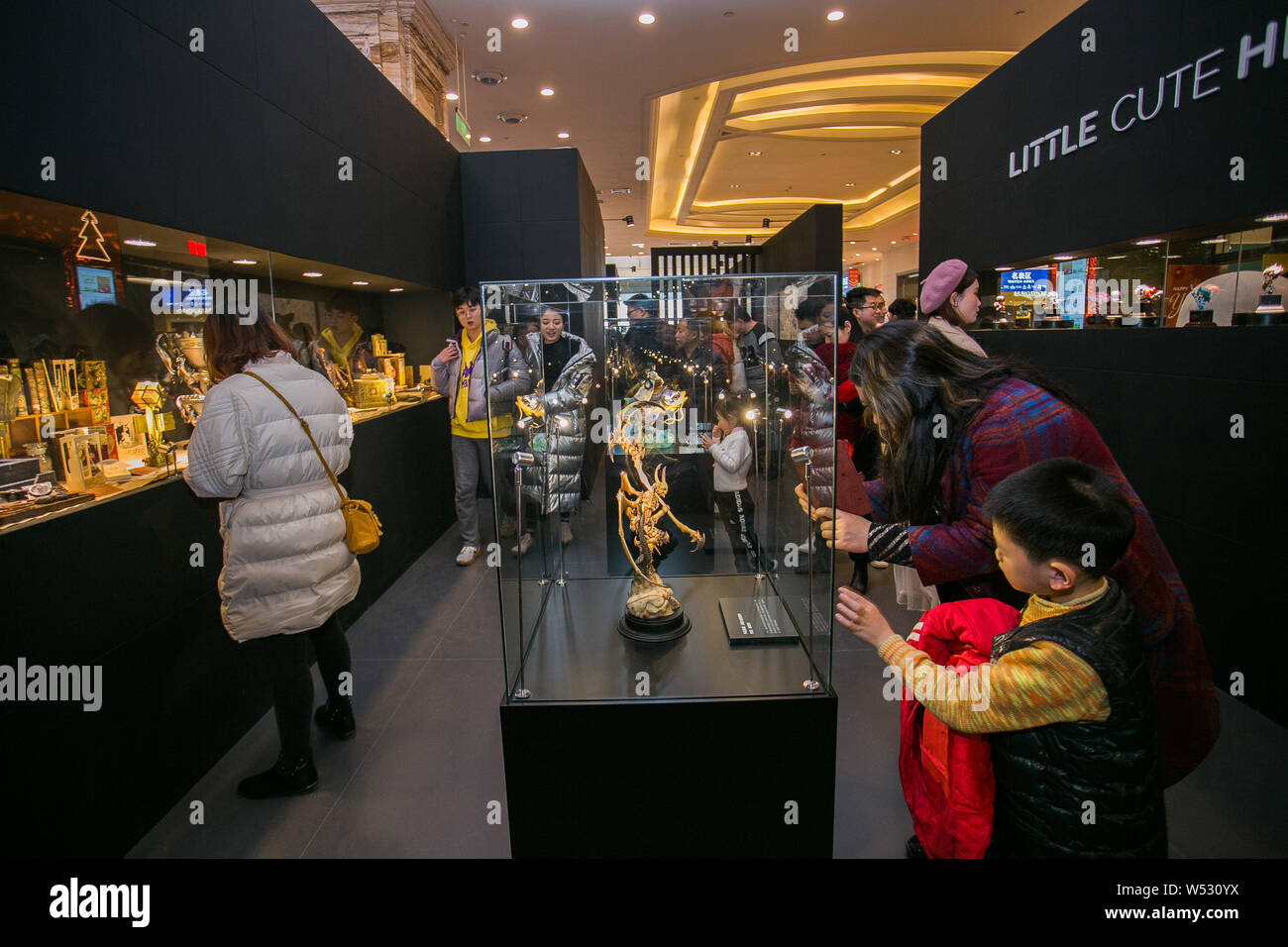 Besucher schätzen die kulturelle Innovation Produkte während der TENCENT Spiele Karneval 2019 in Chengdu, Provinz Sichuan im Südwesten Chinas, 19 März Stockfoto