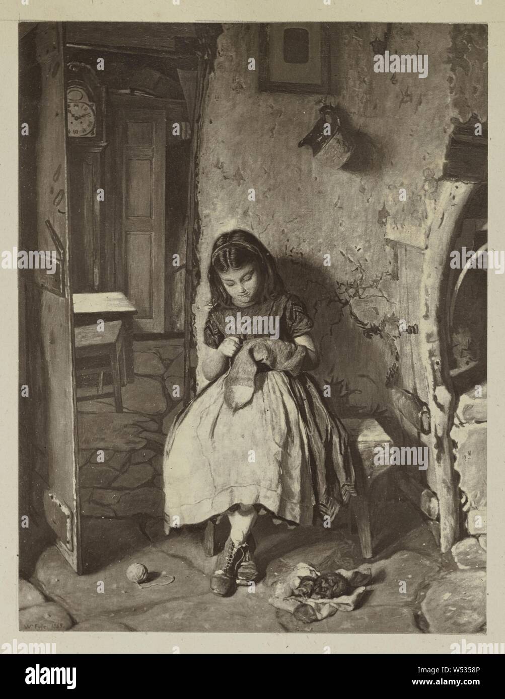 Ausbesserung des Vaters Socken von William Baxter Collier Fyfe, unbekannte Teekocher, Europa, 1870s Carbon drucken, 13 × 10 cm (5 1/8 x 3 15/16 in Stockfoto