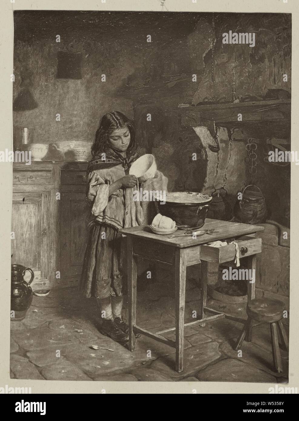 Die junge hausfrau von William Baxter Collier Fyfe, unbekannte Teekocher, Europa, 1870s Carbon drucken, 13,6 × 10,2 cm (5 3/8 x 4 in Stockfoto