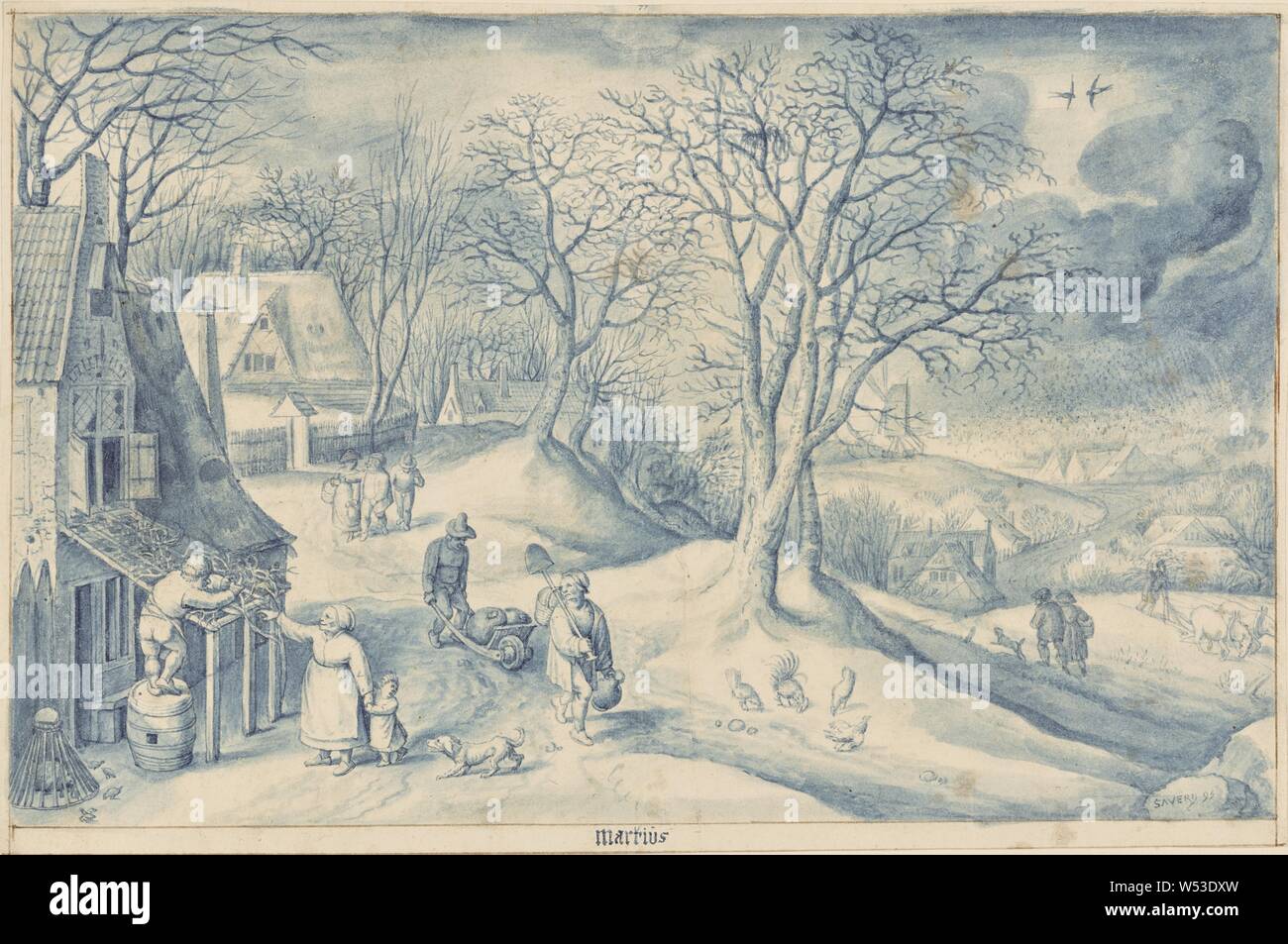 März, Jacob ich Savery (Flämisch, 1566 - 1603), der Südlichen Niederlande, Europa, 1595, Pinsel und Farbe Indigo, Indigo waschen, mit weiß-opake Aquarell verstärkt, 21,2 × 31 cm (8 3/8 x 12 3/16 in. Stockfoto