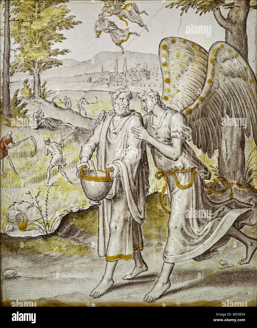 Der Prophet Habakuk und der Engel, Wouter Crabeth (Niederländischen , 1559, gestorben 1589), Niederlande, etwa 1565, farbloses Glas, Lack, Silber Fleck, und Rötel, 25,8 × 21,7 cm (10 3/16 x 8 9/16 Zoll Stockfoto