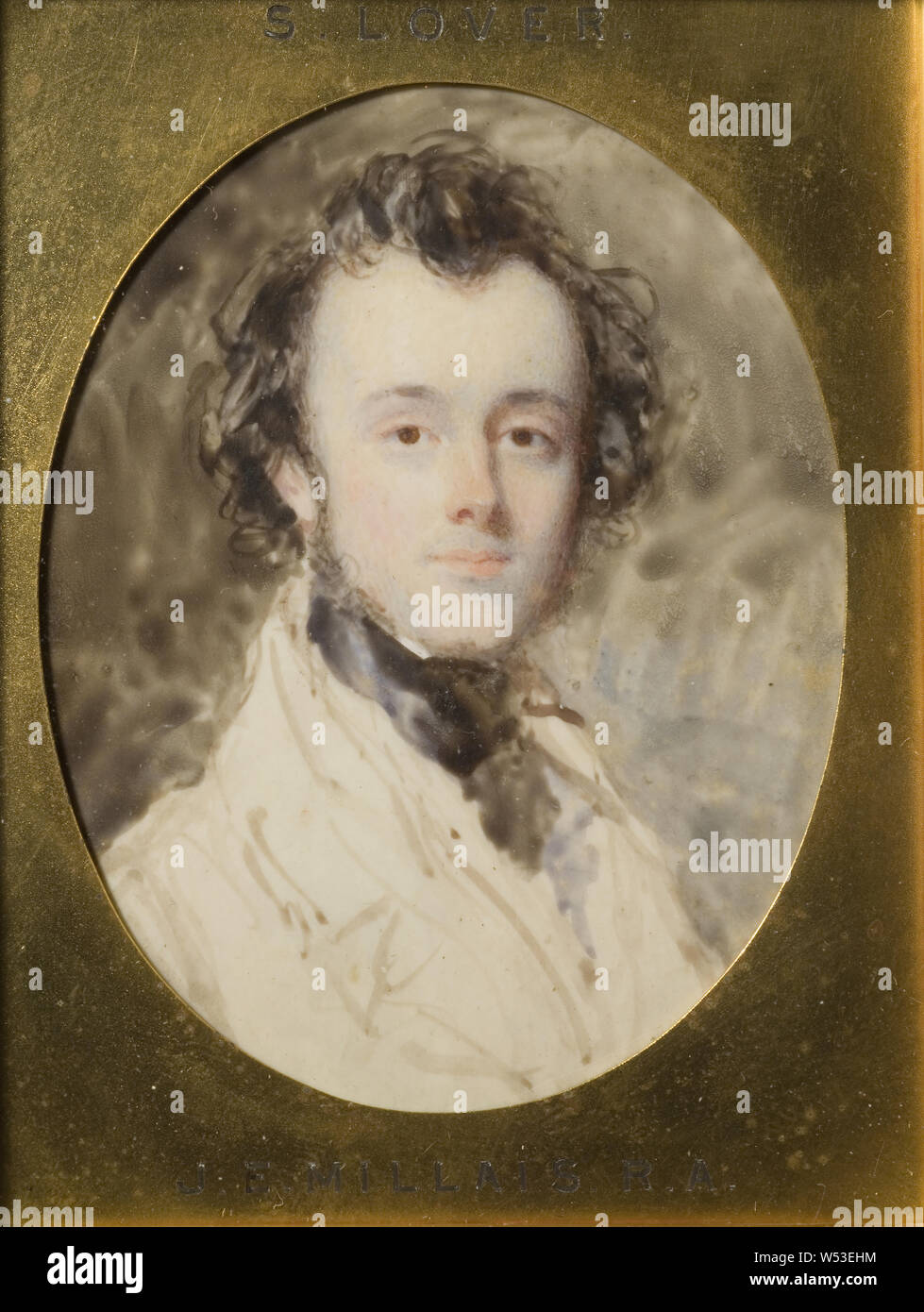 Samuel Lover, Sir John Everett Millais, 1829-1896, Künstler, Malerei, Aquarell auf Elfenbein, verziert und brüniert Rahmen in Holz, Höhe, 7,5 cm (2,9 Zoll), Breite, 5,9 cm (2,3 Zoll) Stockfoto