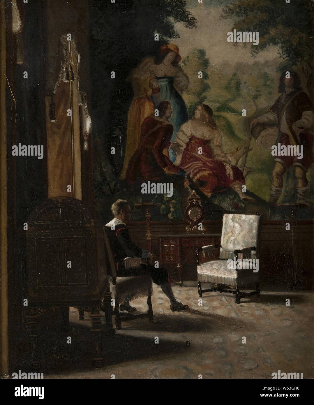 Edvard Perséus, Gripsholm, Innenausstattung aus kungens Schlafgemach mit männlichen spot Abbildung, Malerei, Öl auf Leinwand, Höhe 61 cm (24 Zoll), Breite 50 cm (19,6 Zoll), Signiert, Perséus, Absenken, Rechts Stockfoto