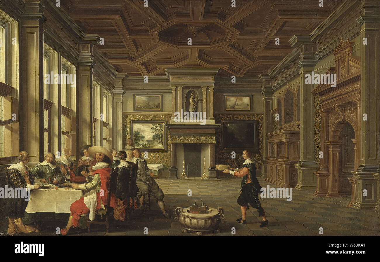 Dirk van Delen, verehrte Abendessen im Innenbereich, Innenraum mit renommierten Tabelle Partei, Malerei, 1631, Öl auf Leinwand, Höhe, 43,4 cm (17 Zoll), Breite 68,5 cm (26,9 Zoll), Signiert, Dirck van Delen 1631 Stockfoto
