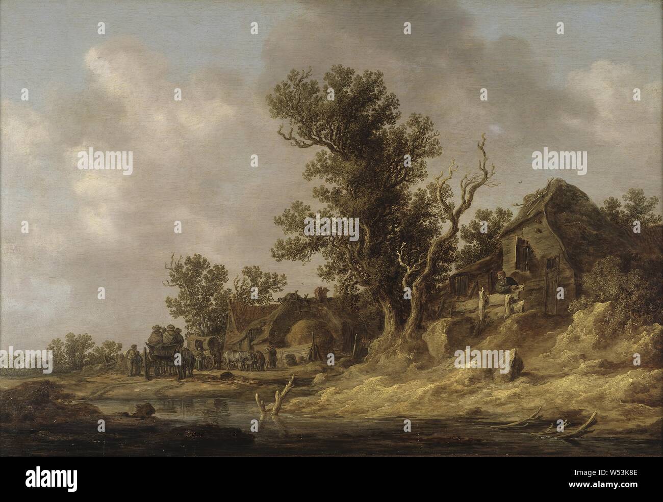 Jan van Goyen, in einer Taverne, Rast in einer Pension, Malerei, Öl auf Eichenholz, Höhe 59 cm (23,2 Zoll), Breite 87 cm (34,2 Zoll), unterzeichnet, VG, auf dem Zaun auf der rechten Seite Stockfoto