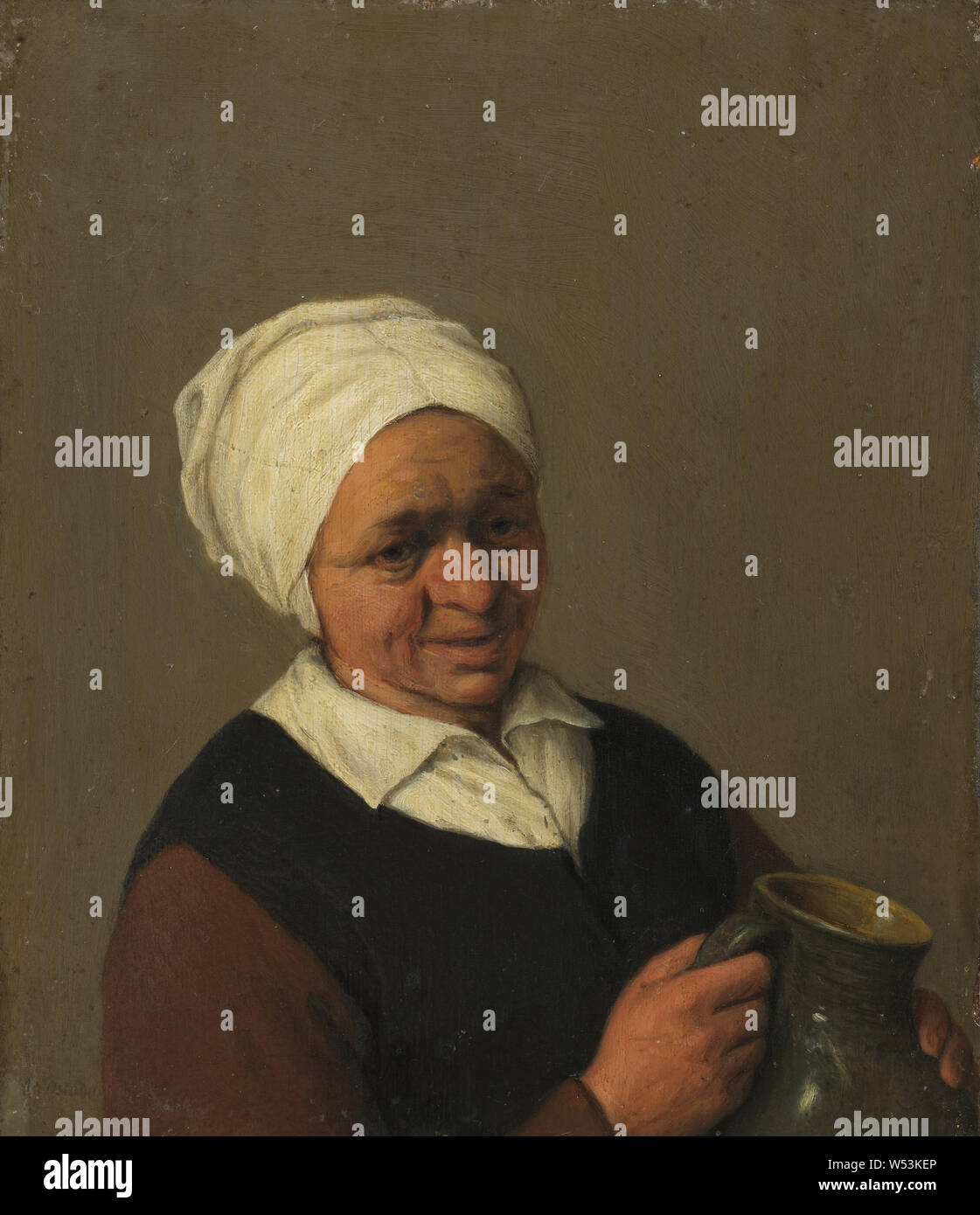 Art und Weise der Adriaen van Ostade, (1610-1685), Büste einer alten Bäuerin Holding einen Krug, Malerei, Portrait, Öl auf Eichenholz Öl auf Eichenholz, Höhe: 16 cm (6.2), Breite: 14 cm (5,5), Tiefe: 0,6 cm (0,2). Stockfoto
