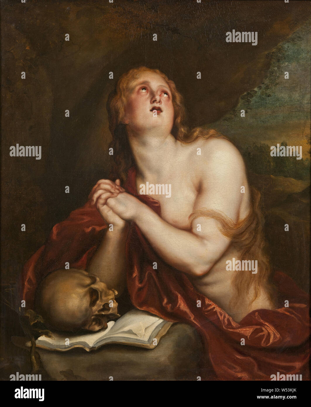 Workshop von Anthony van Dyck, den Pönitenten Magdalen, den botfärdiga Magdalena, Malerei, religiöse Kunst, Öl auf Leinwand, Höhe 108 cm (42,5 Zoll), Breite 91 cm (35,8 Zoll) Stockfoto