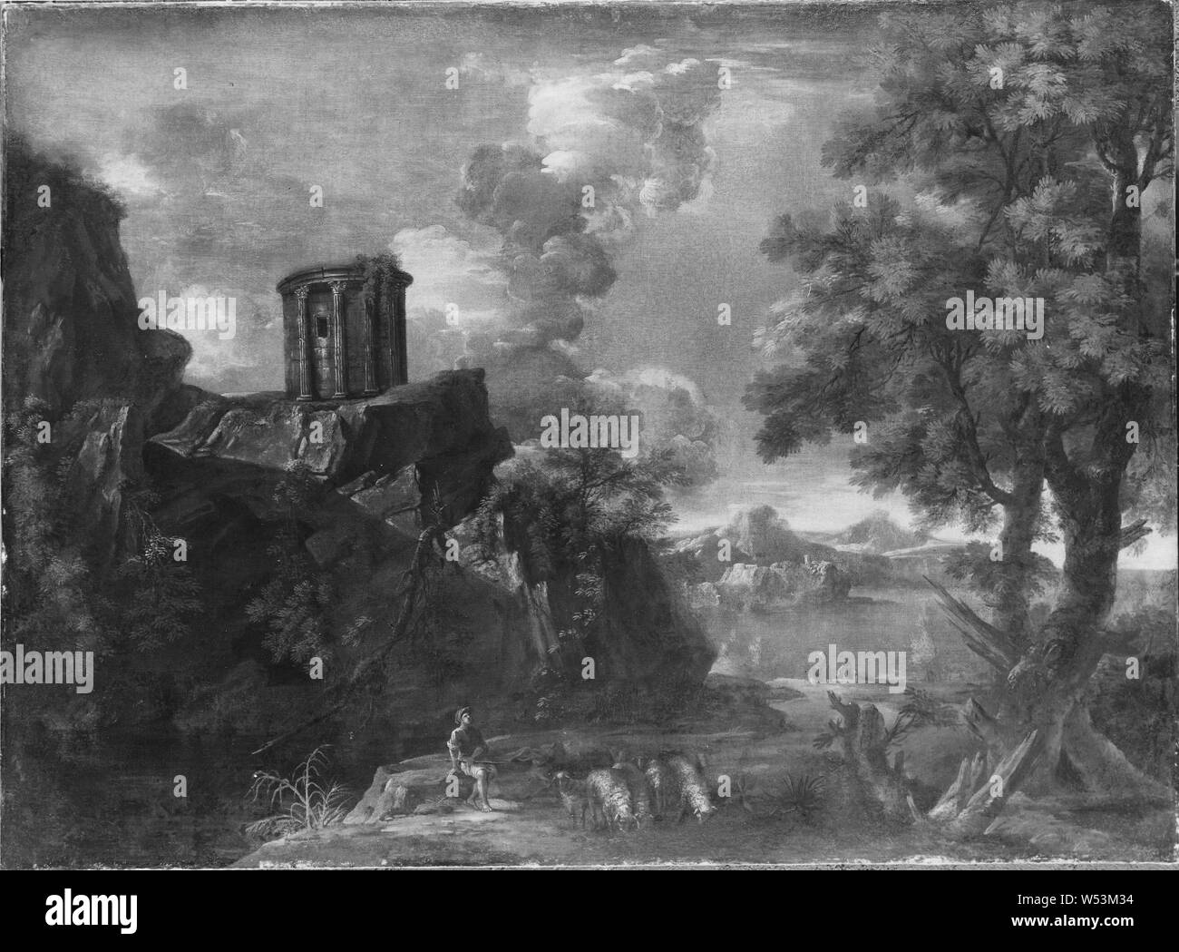 Art und Weise der Jacob de Heusch, Landschaft mit einem kreisförmigen Tempel, Landschaft mit runder Tempel, Öl auf Leinwand, Höhe 122 cm (48 Zoll), Breite 171 cm (67,3 Zoll) Stockfoto
