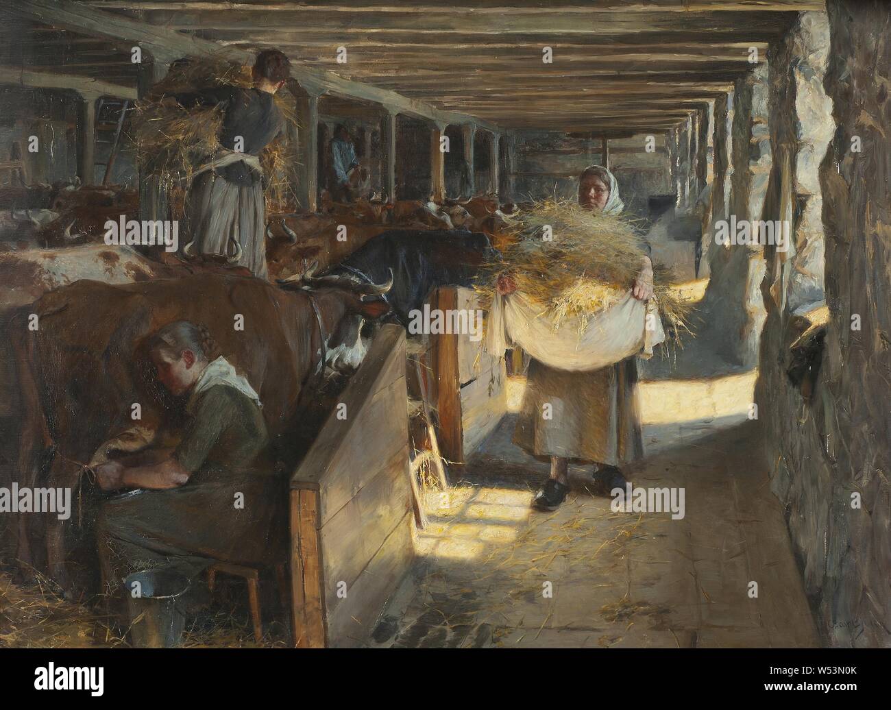 Oscar Björck, Fütterung in einem Cow-Shed, Abendessen Fütterung in einer Scheune, Malerei, 1890, Öl auf Leinwand, Höhe 105 cm (41,3 Zoll), Breite 142 cm (55,9 Zoll), unterzeichnet, Oscar Björck. Stockfoto