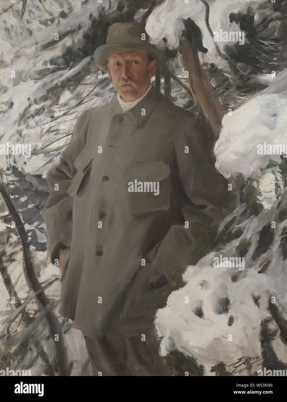 Anders Zorn, Bruno Liljefors, der Maler Bruno Liljefors, schwedische Künstler Bruno Liljefors, Malerei, Portrait, 1906, Öl auf Leinwand, Höhe 125 cm (49,2 Zoll), Breite 96 cm (37,7 Zoll), unterzeichnet, Zorn Gopsmor 1906 Stockfoto