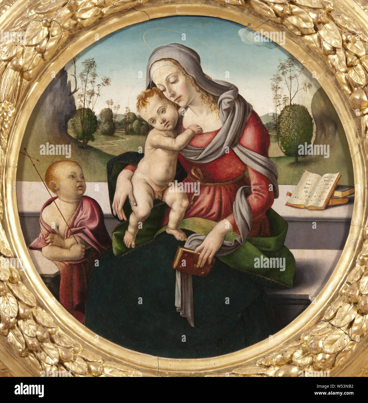 Schule von Piero di Cosimo, Madonna und Kind und der Säugling St John, Madonna mit dem Kind und dem kleinen Johannes, Malerei, religiöse Kunst, Öl auf Holz, rund, Höhe 65 cm (25,5 Zoll) Stockfoto