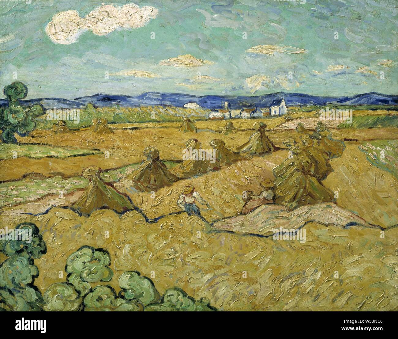 Nach Vincent van Gogh, der Cornshocks, Saeesskylarna, Malerei, Landschaft, Kunst, Öl auf Leinwand, Höhe 53 cm (20,8 Zoll), Breite 66,5 cm (26,1 Zoll) Stockfoto