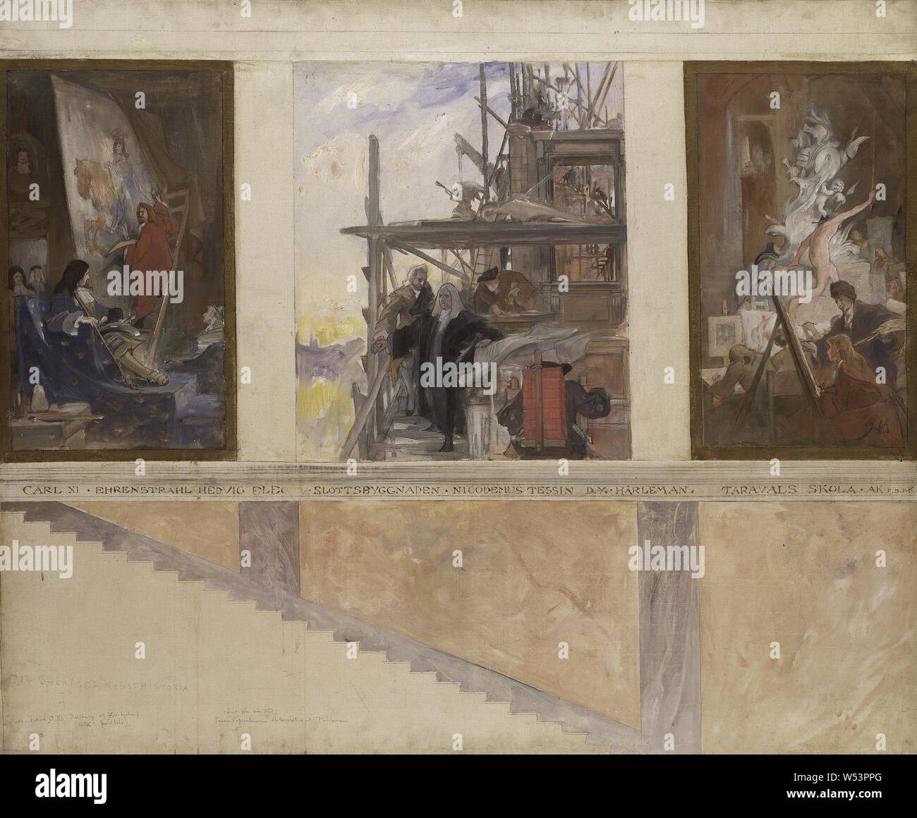 Carl Larsson, König Karl XI. und David Klöcker Ehrenstrahl, zweite vorgeschlagene Dekoration in der unteren Halle des Nationalmuseums, zweiter Vorschlag für Fresken im unteren Treppenhaus das NM, südliche Wand, drei Felder, Malerei, Charles XI, von Schweden, von 1890 bis 1891, Öl auf Leinwand, Höhe 110,5 cm (43,5 Zoll), Breite 134 cm (52,7 Zoll) Stockfoto