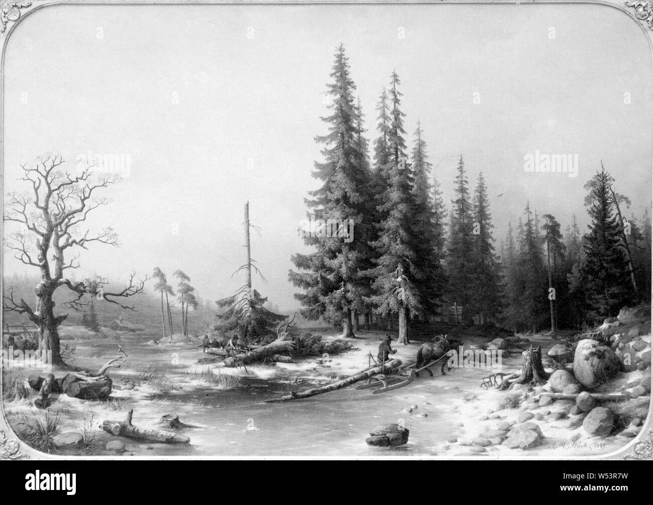 Joseph Magnus Stäck, Winter, Winterlandschaft in Småland Småland, Malerei, 1849, Öl auf Leinwand, Höhe, 86,5 cm (34 Zoll), Breite 122 cm (48 Zoll), unterzeichnet, J. M, Stack 1849. Stockfoto