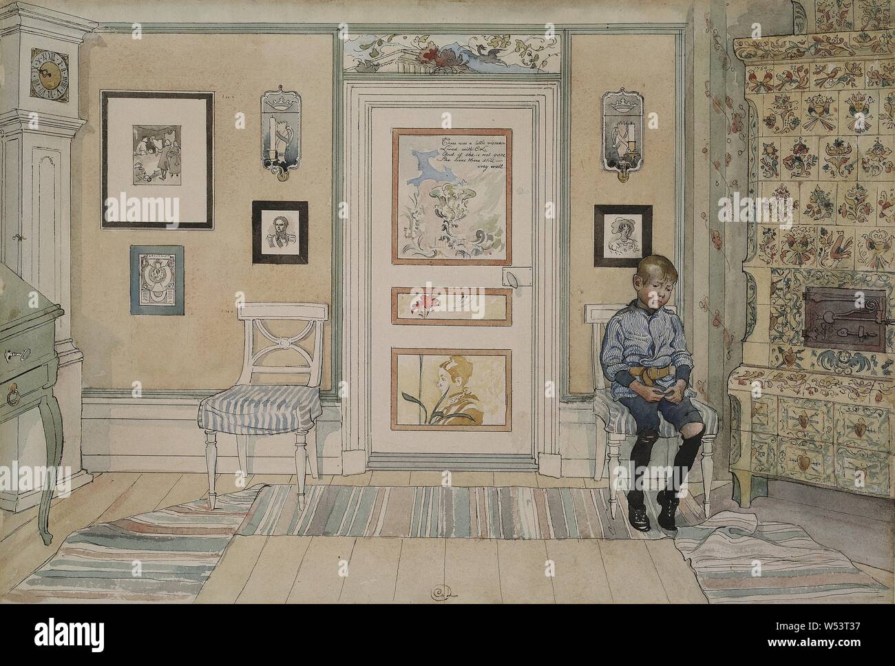 Carl Larsson, ein Haus (26 Aquarelle) Englisch, In der Ecke, von einem Haus (26 Aquarelle), Skamvrån, von einem Haus (26 Aquarelle), Malerei, 1895, Aquarell auf Papier, lasiert, Höhe 32 cm (12,5 Zoll), Breite 43 cm (16,9 Zoll), unterzeichnet, C. L, Monogramm Stockfoto