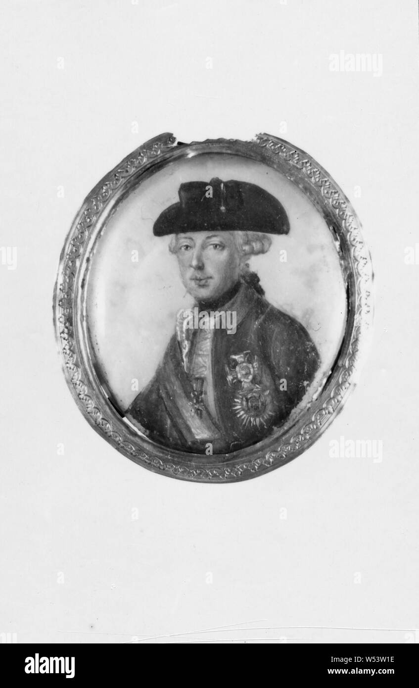 König Friedrich II., Fredrik II, 1712-1786, König von Preußen, genannt "Fredrik der Große', Malerei, Öl auf Perlmutt, Rahmen aus schwarzem Holz Stockfoto