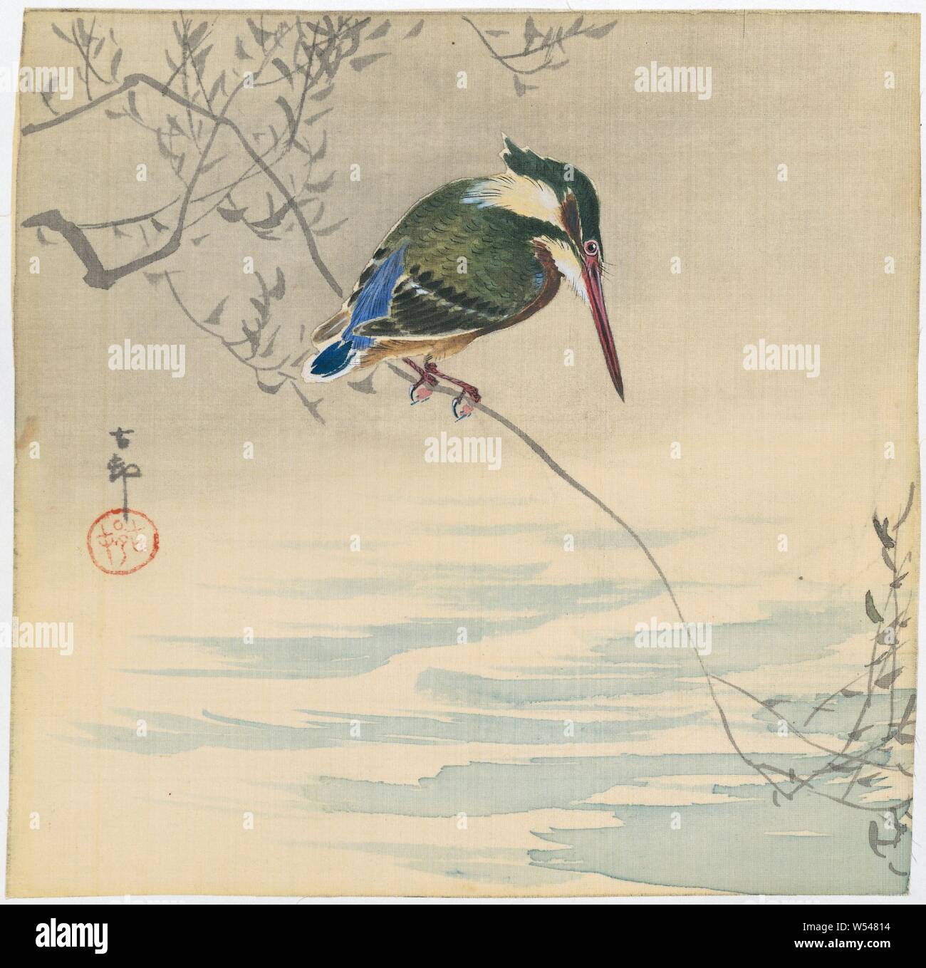 Eisvogel, Eisvogel sitzt auf einem Ast über dem Wasser., Ohara 2 [Nächste >>], Japan, C. 1920 schildering, Pinsel, h 130 cm x W 30,5 cm Stockfoto