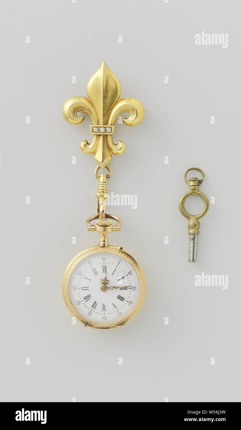 Brosche mit Uhr im Fall Gold watch mit Schlüssel hängen an einem  Fleur-de-Lis. Mit Perlen dekoriert. In einem Wein-rot Tasche., anonym, C.  1880 - C. 1900 und/oder C. 1881 - C. 1900,
