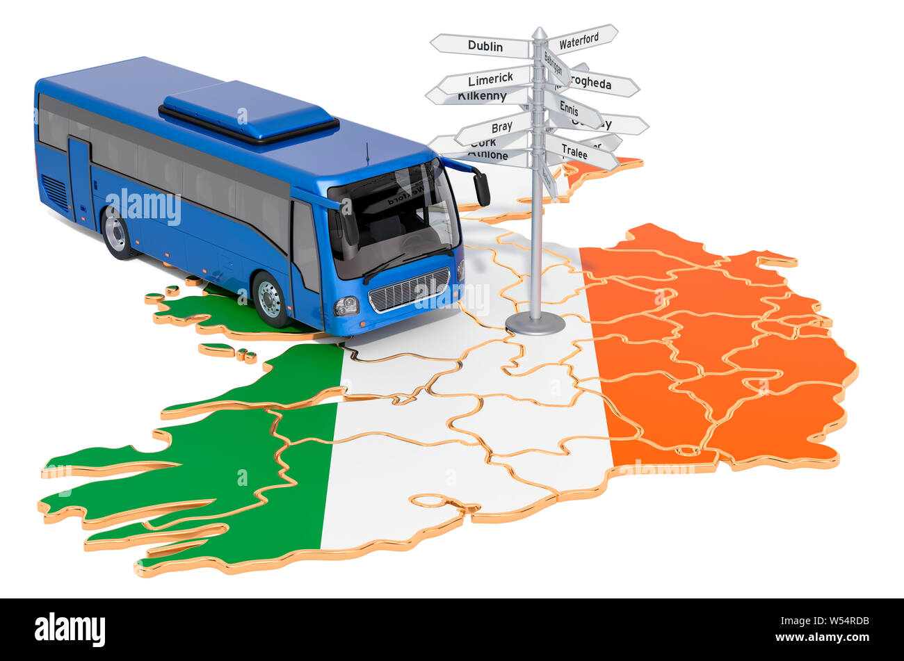 Irland Bus Touren Konzept. 3D-Rendering auf weißem Hintergrund Stockfoto