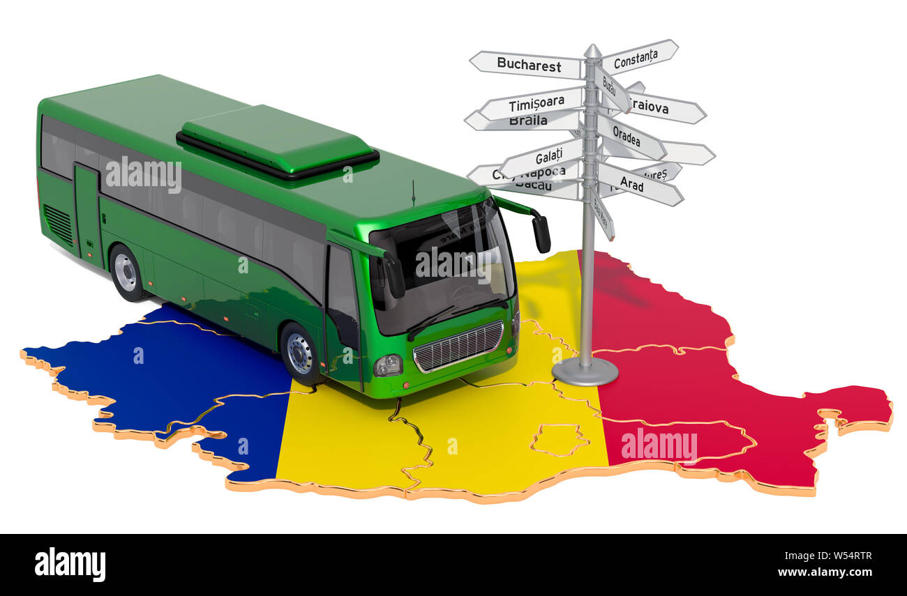 Rumänien Bus Touren Konzept. 3D-Rendering auf weißem Hintergrund Stockfoto