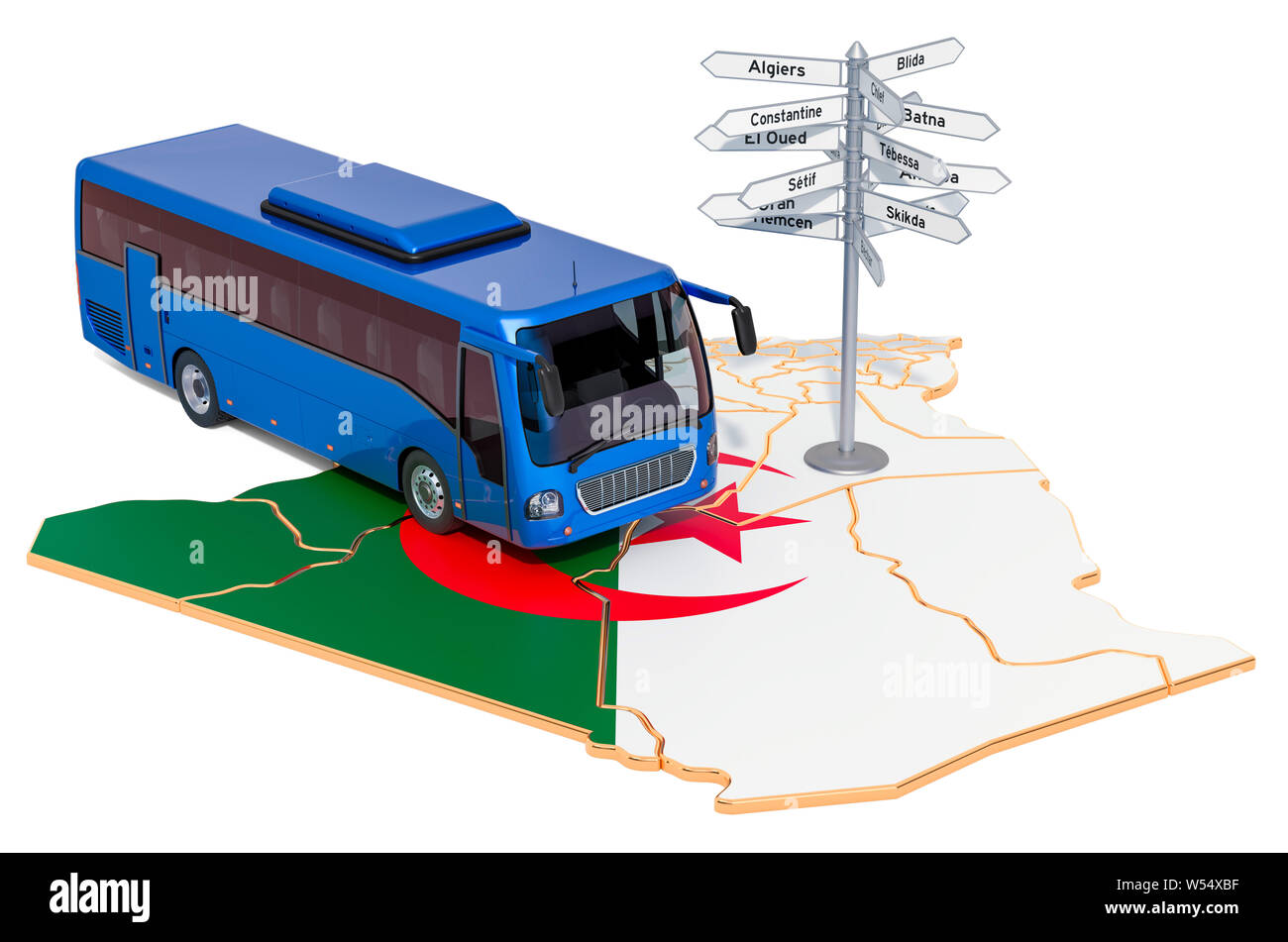 Algerien Bus Touren Konzept. 3D-Rendering auf weißem Hintergrund Stockfoto