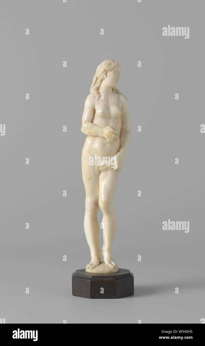 Adam und Eva, Eve, Eve steht auf einem Stück Land, auf dem rechten Bein und mit dem linken verbogen, sie ihren Kopf vollständig nach rechts gedreht hat und hält die Apple vor ihr mit der rechten Hand. Mit der linken Sie die Runde mit einem Strang der gewelltes Haar fällt über ihrem Rücken deckt, Eve (allein), die die Frucht, Pieter Xaveri, Leiden, 1671, Elfenbein, Schneiden, H 17 cm Stockfoto