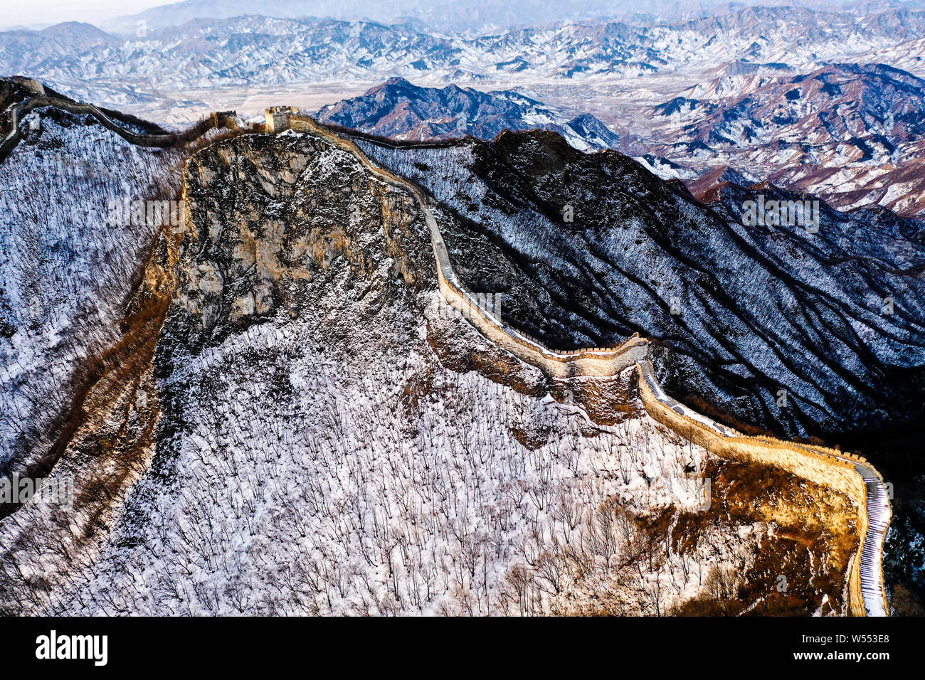 Jiankou Landschaft der Großen Mauer nach einem Schneefall in Huairou District, Beijing, China, 20. Februar 2019. Stockfoto