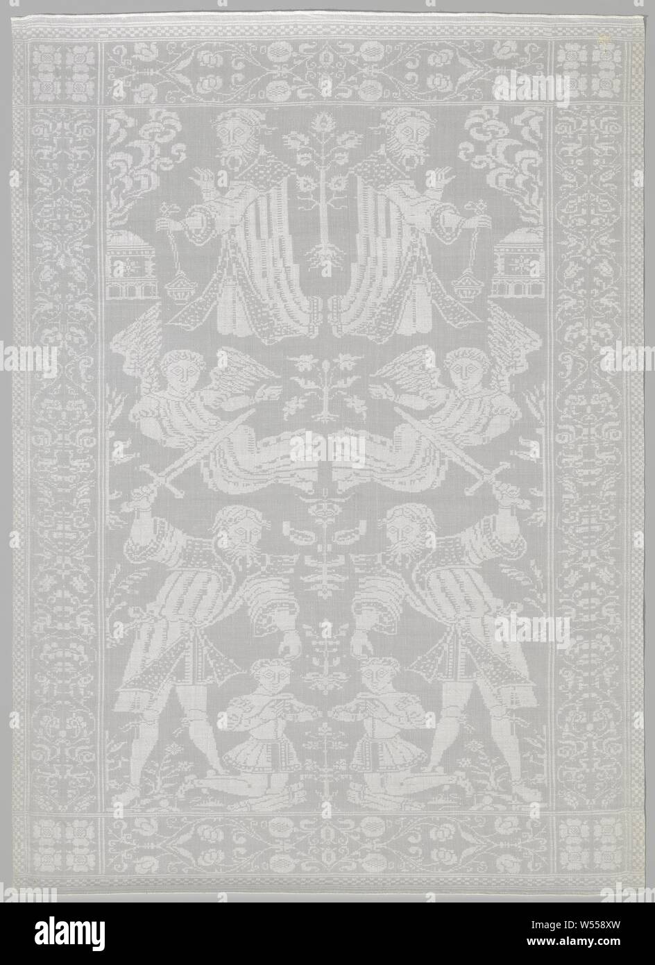 Serviette mit dem Opfer Abrahams, Serviette aus Leinen Damast mit dem Opfer Abrahams. Mittelfeld: Opfer Abrahams. Stehend und liegend Kanten: gestapelte Blume und Blatt Ornament und Vögel, Außen: Block Grenze. Ecken: Tudor Rose, die Opferung Isaaks (Gen 22), anonym, Haarlem, C. 1600 - C. 1625, Leinen (Material), Damast, H 100,1 cm b 72,3 cm B 72,2 cm Stockfoto