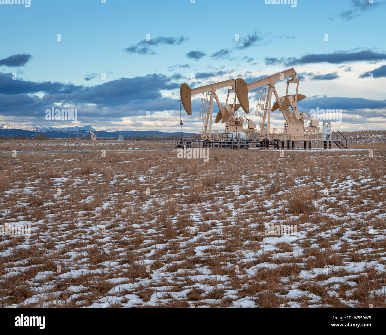 Ölquellen in der Nähe von Airdrie, Alberta, Kanada Stockfoto