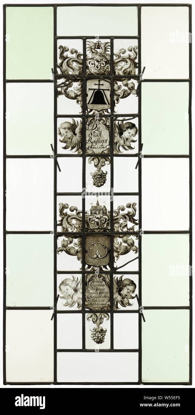 Raute, Rhombus mit Glasmalereien Darstellung, anonym, Westfalen, 1691, Glas, h 124 cm x W 30,5 cm x T 1,5 cm Stockfoto