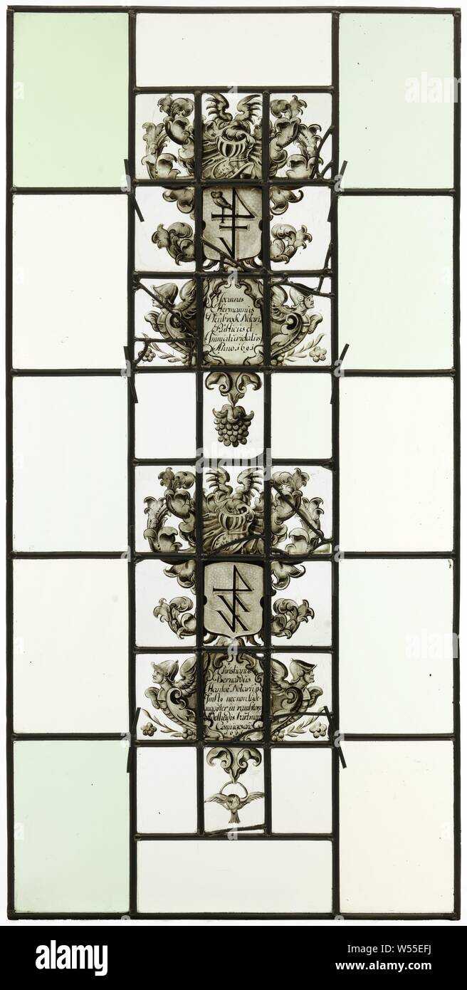 Raute, Rhombus mit Glasmalereien Darstellung, anonym, Westfalen, 1691, Glas, h 124 cm x W 61 cm x d 1,5 cm Stockfoto