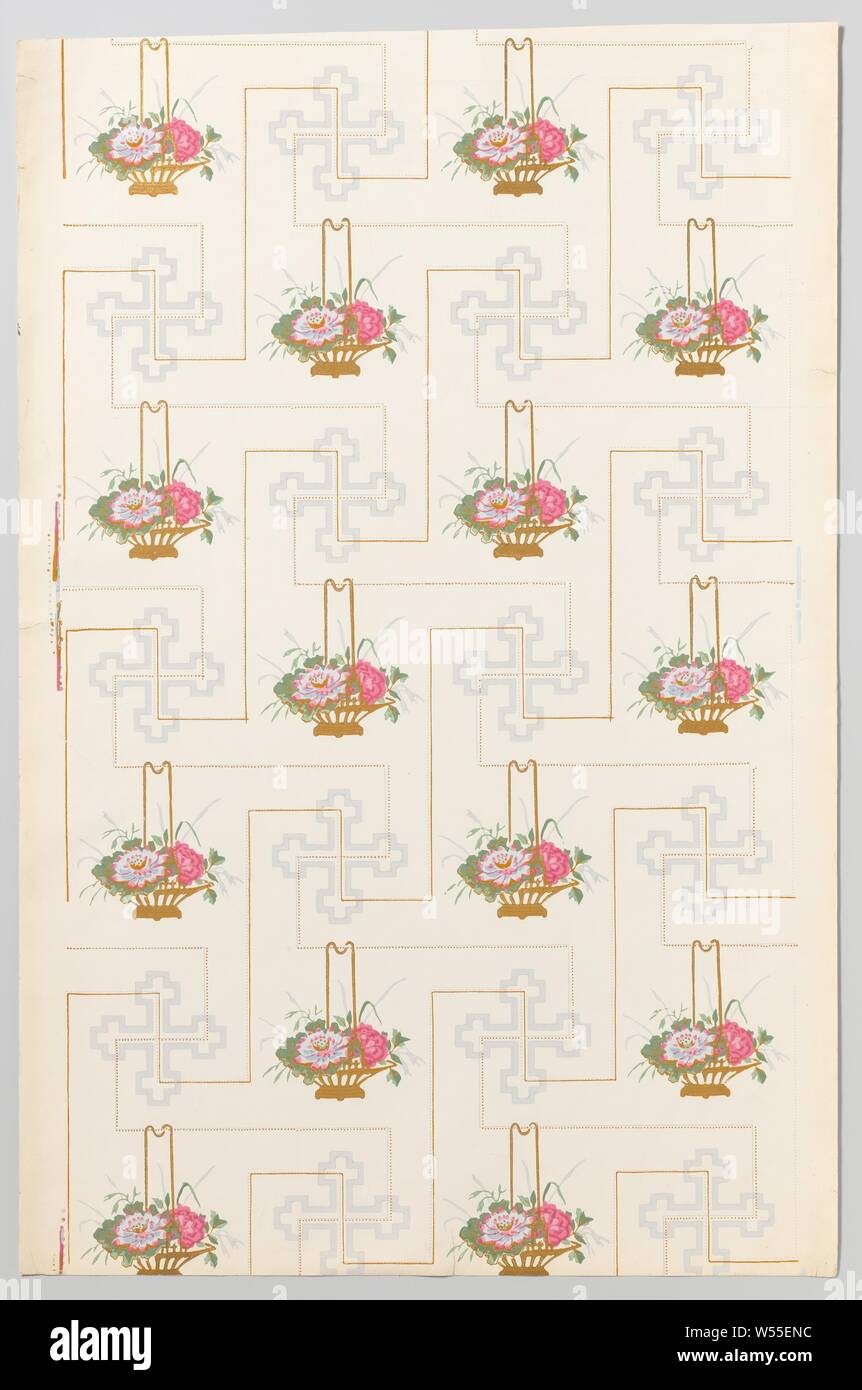 Papier Tapete mit einem Muster der Chinoiserie Blumenkörben und St. Andrew's Cross, Papier Tapete mit einem Muster der Chinoiserie blumenkörben und ein lineares Muster mit St. Andrew's Cross in acht Farben und Gold auf einem Off-white Fond mit Moiré-effekt. Baustein drucken mit einem kontinuierlichen Muster in einer Verfilzten bestand, beendete mit einem Zylinder drucken., Etablissement Desfossé et Karth, Paris, C. 1900 - C. 1920, Papier, blockieren den Druck (relief Druckverfahren), h 80,0 cm x W 53,0 cm Stockfoto