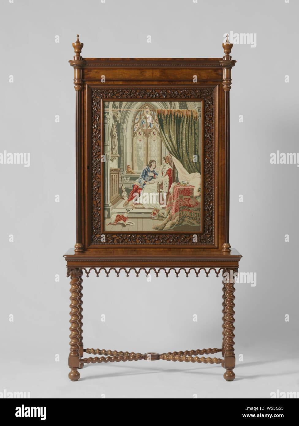 Neo-gotischen Bücherregal (Frame), Rahmen eines neo-gotischen Bücherregal., anonym, Niederlande, C. 1835 - C. 1845, Mahagoni (Holz), Glas, borduurwerk, Stickerei, h 80,5 cm × w 112.5 cm x T 50 cm Stockfoto