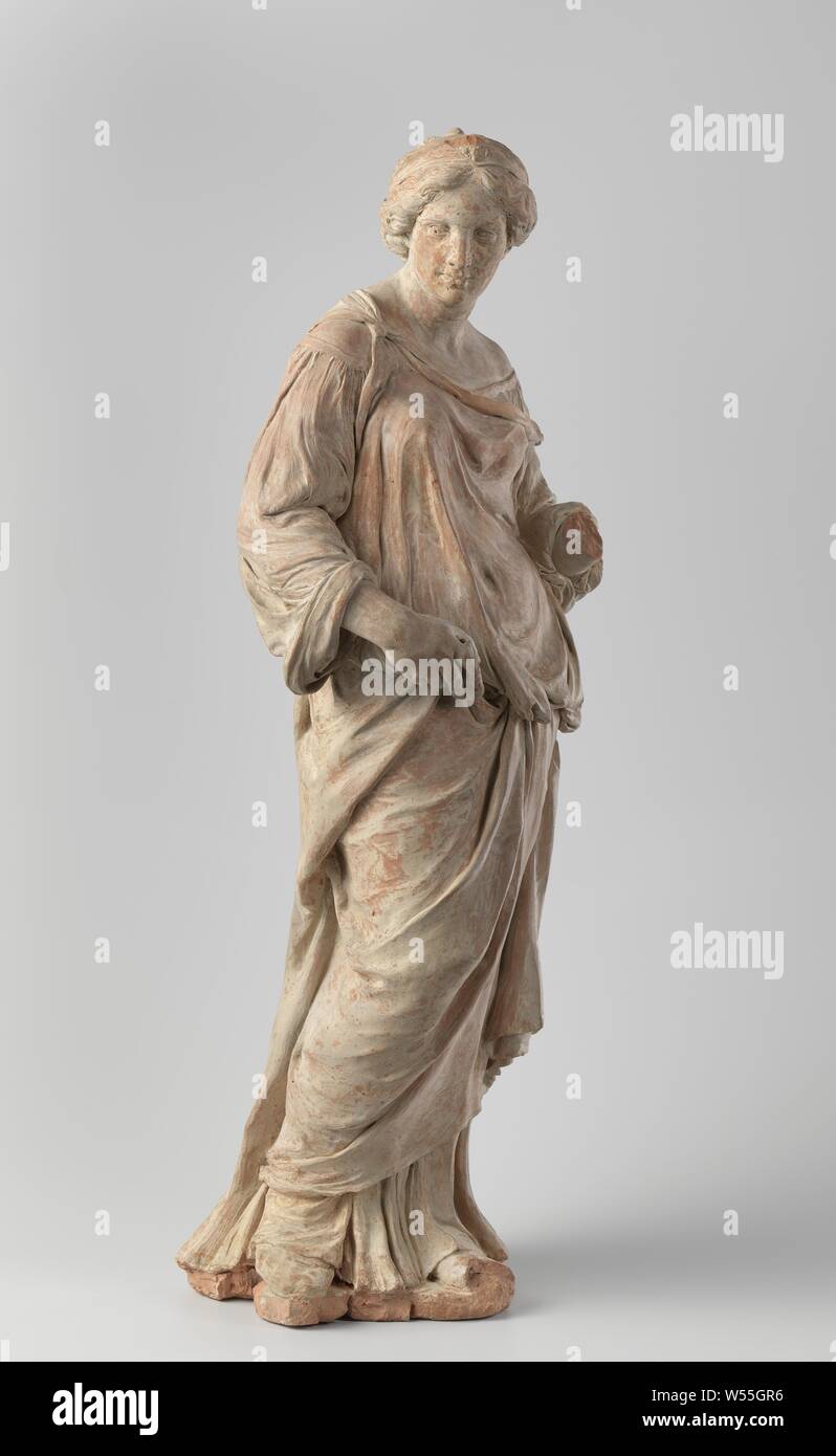 Gerechtigkeit Gerechtigkeit (Justitia), Skizze einer weiblichen Figur mit dem Kopf leicht nach links gedreht, stehend auf dem linken Bein und mit der richtigen verbogen. In der rechten Hand hält sie den Griff einer Zepter, den linken Unterarm Sticks für die Abhaltung einer Skala. An den gewellten Haare, die von der vorderen getrennt ist und auf der Rückseite des Kopfes in Zöpfe, trägt sie ein Diadem. Ein fein plissierten Untergewand mit Rücken Ärmel hochgekrempelt, so dass die Schultern frei, fällt auf die Schuhe. Ärmellosen Mantel, die oberen Enden, die von einem Knoten verbunden sind, rutscht von der linken Schulter und ist um ausgesetzt Stockfoto