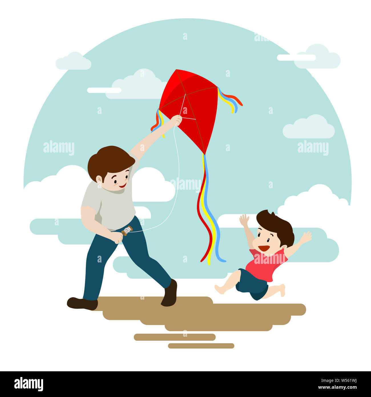 Vater und Sohn spielen Red Kite auf blauen Himmel Hintergrund Stockfoto