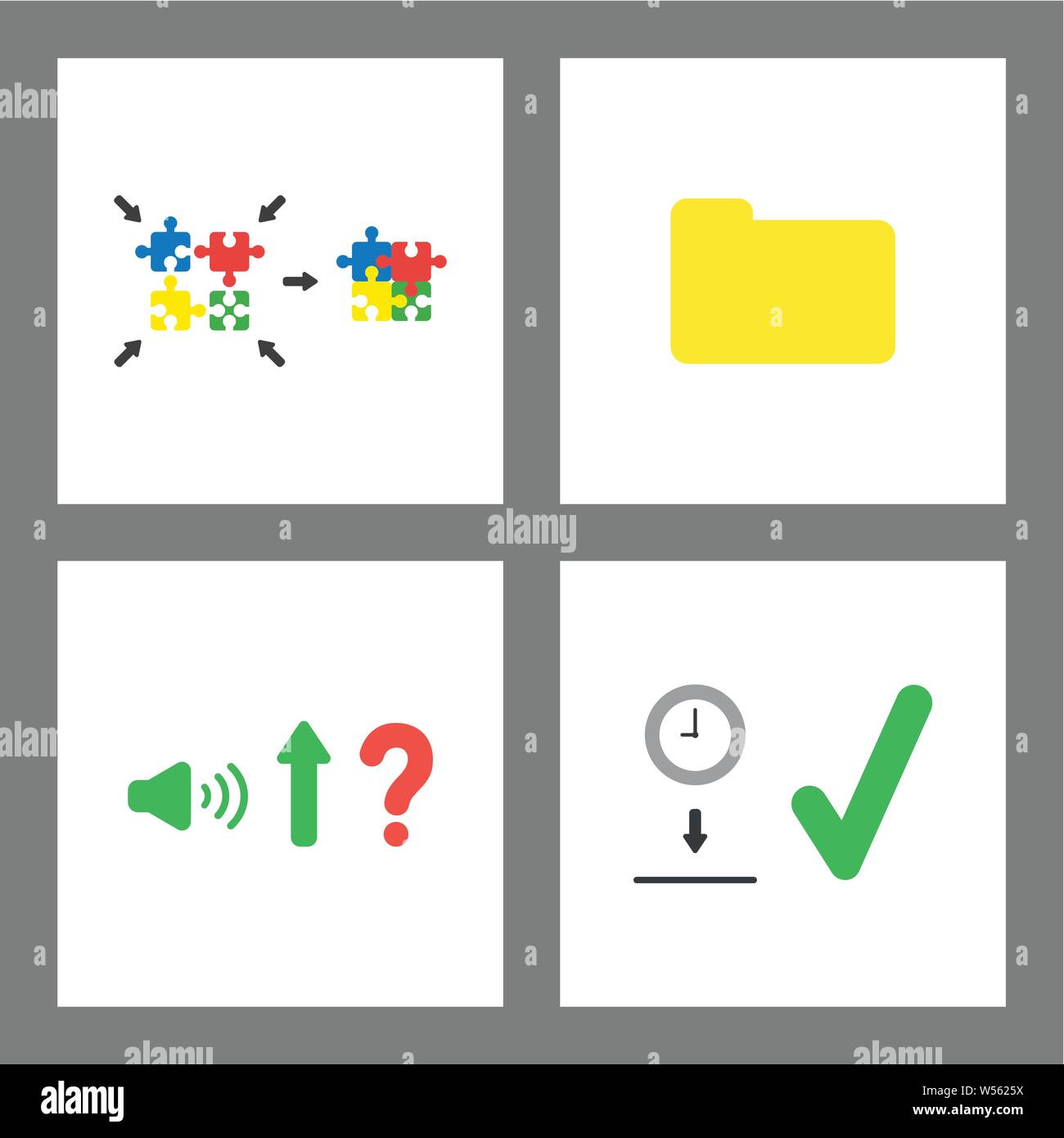 Vektor icon Konzept gesetzt. Puzzleteile anschließen, geschlossenen Ordner, bis Ton und Takt in kässeli Loch. Stock Vektor