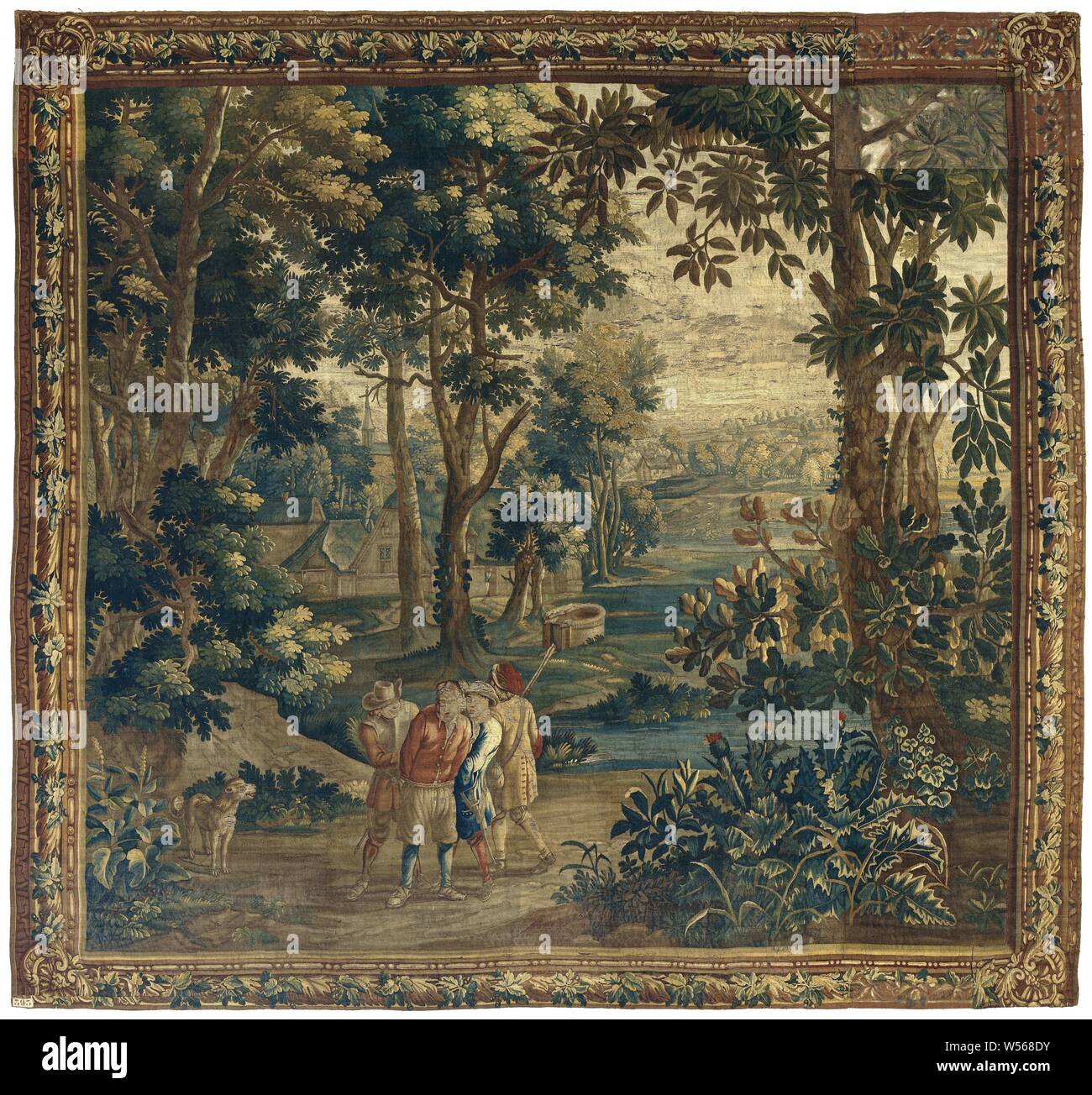 Ente Jäger fangen und begeistern ein Wilderer, Folk leben Teniers (Titel der Serie), Wandteppich mit der Verhaftung eines Mannes., anonym, Südlichen Niederlande, C. 1700 - C. 1725, Kette, inslag, Tapisserie, h 304.0 cm × w 326,0 cm Stockfoto