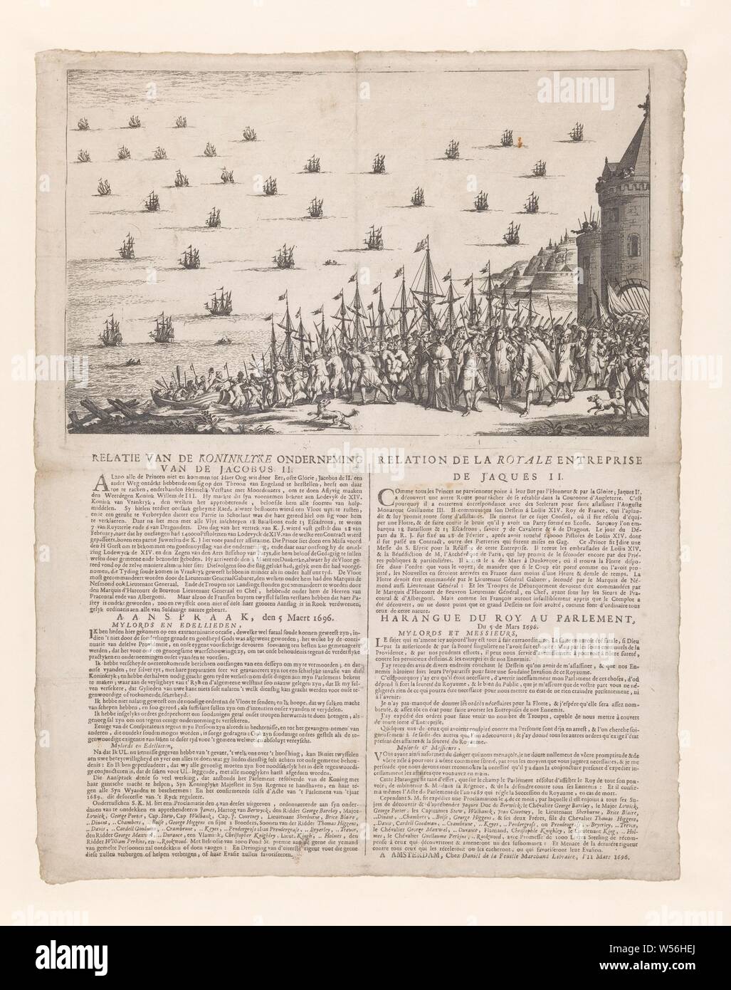 Ankündigung einer fehlgeschlagenen Attentats auf König William III., 1696, Bezug der Königlichen Gesellschaft der James II/Realtion de La Royale entreprise de Jaques II (Titel auf Objekt), die vertriebenen König James II. im Exil in Frankreich ist die Vorbereitung nach England zu fahren, wenn das Attentat auf König William III. gelingt. Kriegsschiffe auf See und im Vordergrund eine Armee, die sich einschifft. Auf der rechten Seite, Würdenträger, wahrscheinlich Ludwig XIV. und Jakob II. Auf der rechten Seite, Verteidigung Türme und eine Ausdehnung von der Küste. Auf dem Blatt unter der Platte eine Beschreibung der Handlung und eine Rede von König William III. Stockfoto