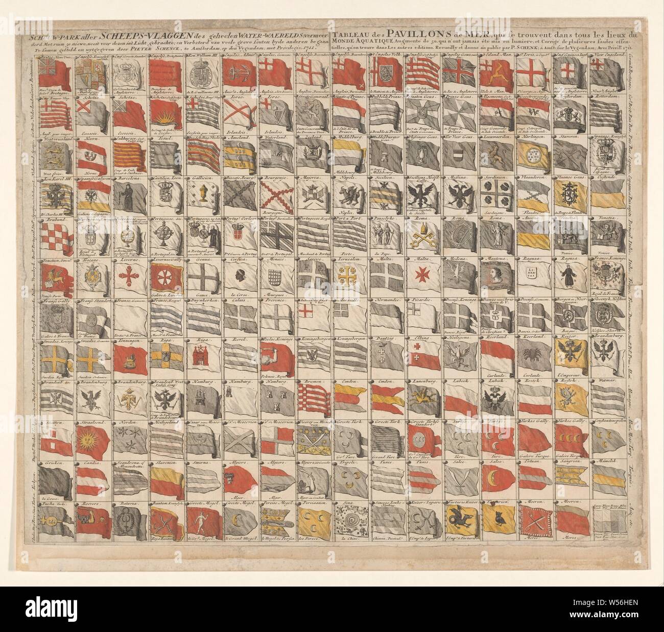 1160 - Park von allen Schiff Fahnen der ganzen Water-Waerelds, vermehrt mit über 50 neue, nie ans Licht gebracht (...), Teilweise farbig (Rot und Gelb) Flagge Karten, mit Titeln oben in Niederländisch (l) und Französisch (r), r.o.: Markierung, die angibt, wie in den Farben zu füllen. Veraltet, Mitte oben: 1711., Pieter Schenk (I), Amsterdam, 1711, Papier, Ätzen, h 49,5 cm x W 59,5 cm Stockfoto