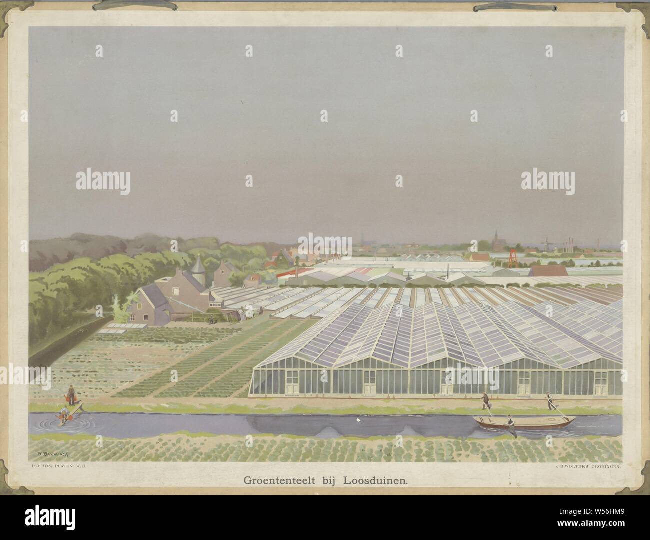 Gemüseanbau in Loosduinen (Titel auf Objekt), Farbige Schule Platte, aufgeklebt, mit Kupfer Beschläge in den Ecken und grüne Seil am oberen Durchgangslöcher. gewächshausfläche. L.o unterzeichnet.: B. Beuninck. Beschriftung, 10: P.Z. Wald. Glasplatte AO', Loosduinen, Bernardus Bueninck (auf Objekt erwähnt), 1900-1950, Papier, Karton, Druck, h 63,5 cm x W 83,5 cm Stockfoto