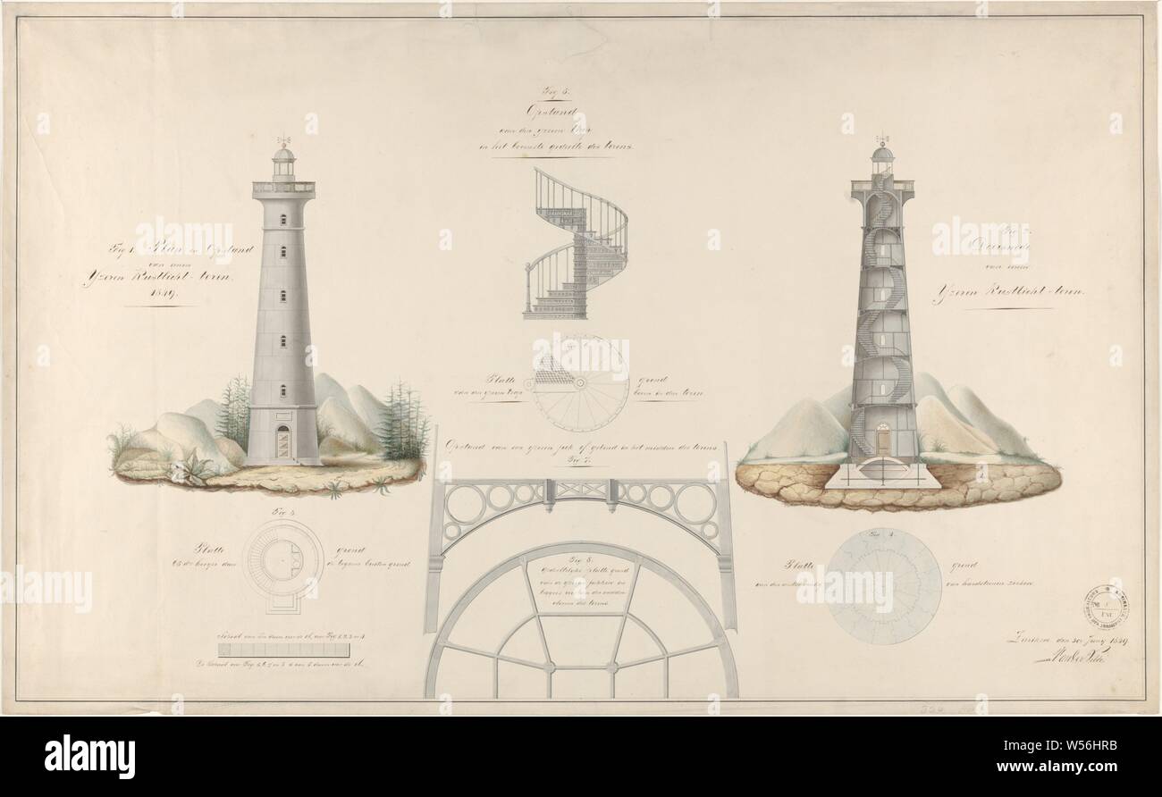 Design für einen Leuchtturm (für Zierikzee?), ein Blatt mit Konstruktionszeichnungen, auf dem Titel Plan und Erhöhung von einem Bügeleisen Küsten Light Tower 1849, Leuchtturm, Feuerschiff, Zierikzee, Van Der Velde, 30-Jun-1849, Papier, Pinsel, H 605 mm x B 982 mm Stockfoto