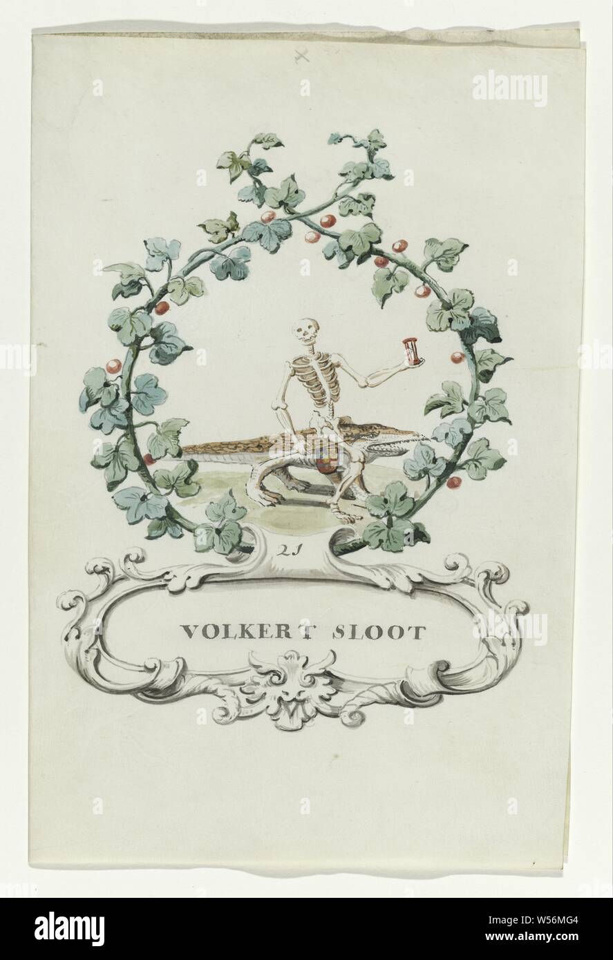 Cartoon von Volkert-Sloot-familie Regtspleging von Oldenbarnevelt (Titel der Serie), Cartoon von Volkert-Sloot-familie, Richter Van Oldenbarnevelt, Tod mit einer Sanduhr in seiner linken Hand und rechten Stick und Waffe sitzt auf einem Krokodil. Im Kranz der Blätter. Darunter ist Kartusche in welcher Name und oben. 21. Im Zusammenhang mit der Serie von Aquarellen in Buch, Johan van Oldenbarnevelt, Volkert-Sloot-familie, anonym, Niederlande, 1708-1795, Pergament (tierisches Material), Aquarell (Lack), Tinte, Kugelschreiber, h 23,5 cm x W 19 cm Stockfoto